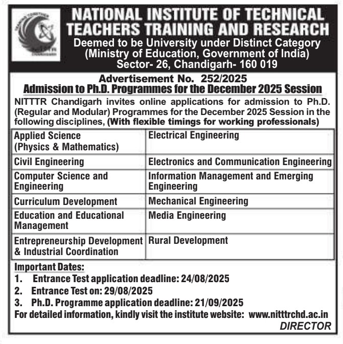 1000012060 NITTTR Chandigarh PhD Admission 2025