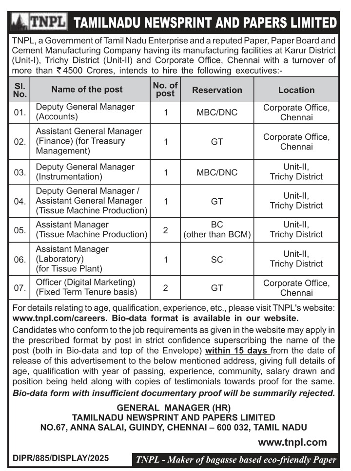 TNPL Managers Recruitment 2025