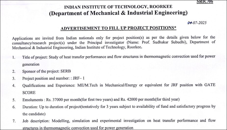 IIT Roorkee Recruitment 2025: Apply Now for JRF Position- Recruitment Alert