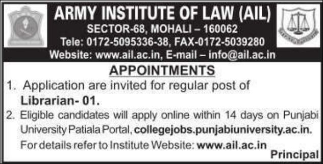AIL Mohali Librarian and Assistant Professor Recruitment 2025