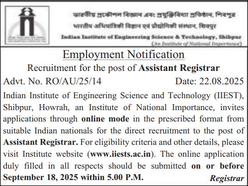 Capture IIEST Shibpur Assistant Registrar Recruitment 2025