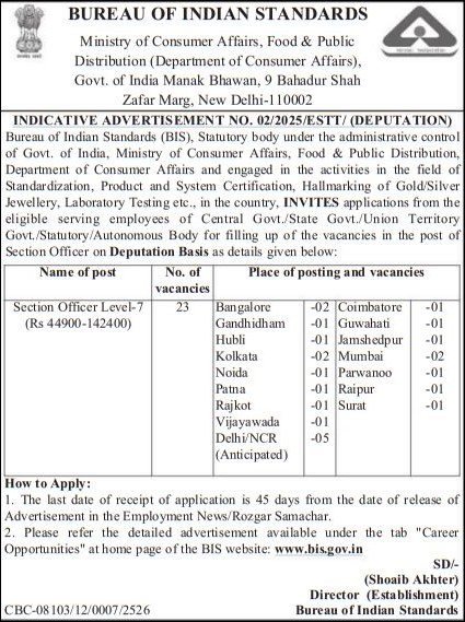 Capture BIS Section Officer Recruitment 2025