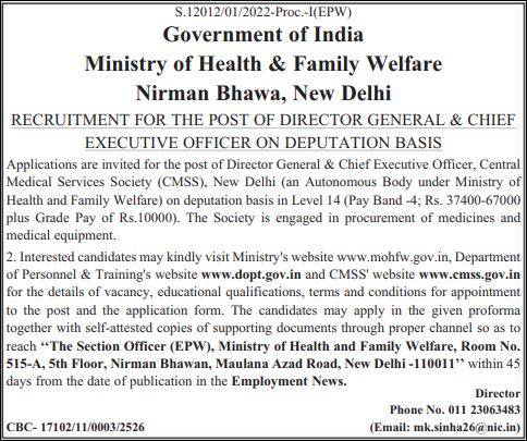 director MoHFW DG CEO Recruitment 2025